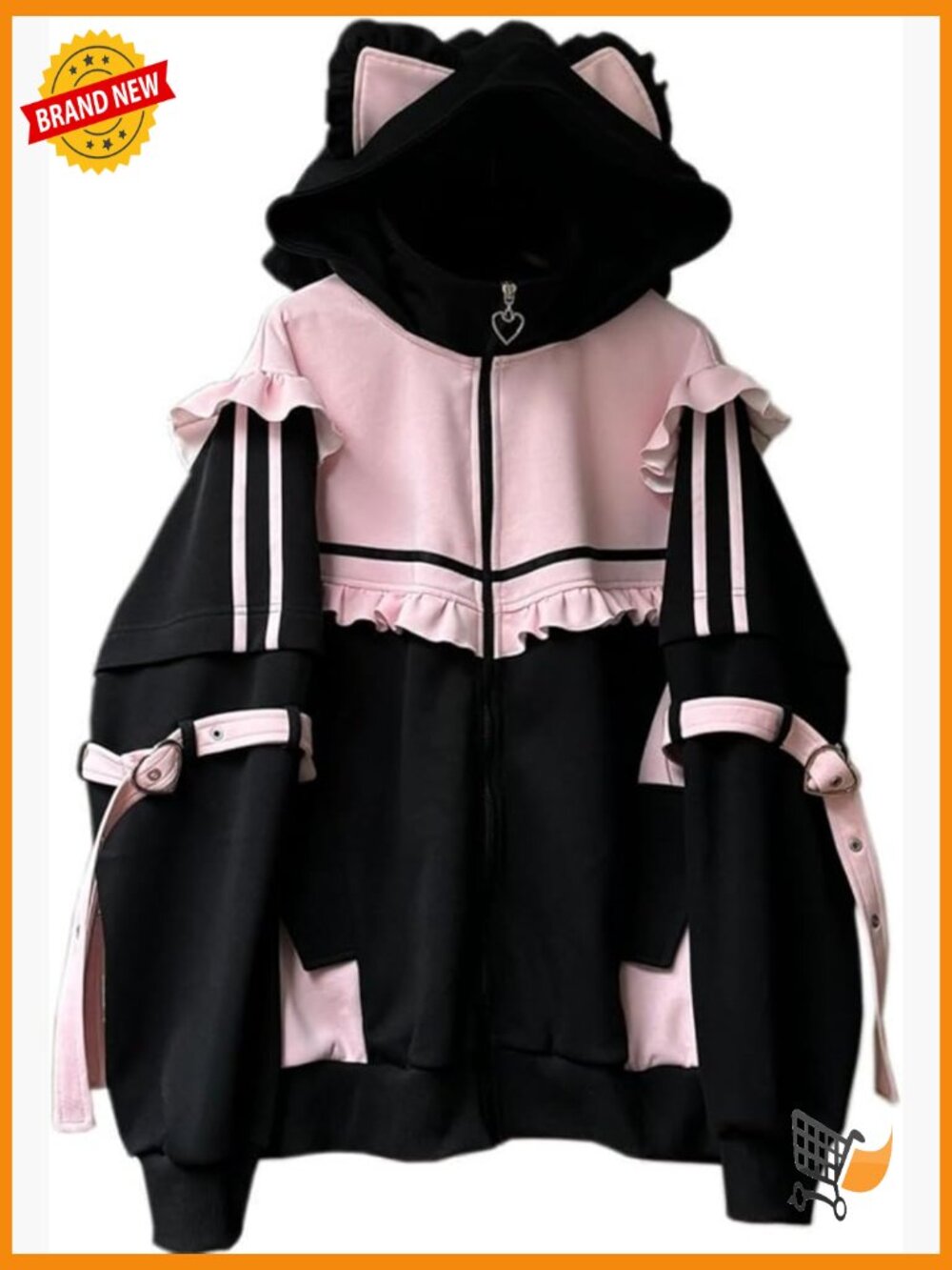Oversized Zip Up Hoodie with Cat Ears Kawaii Gothic Sweatshirt Jirai Kei